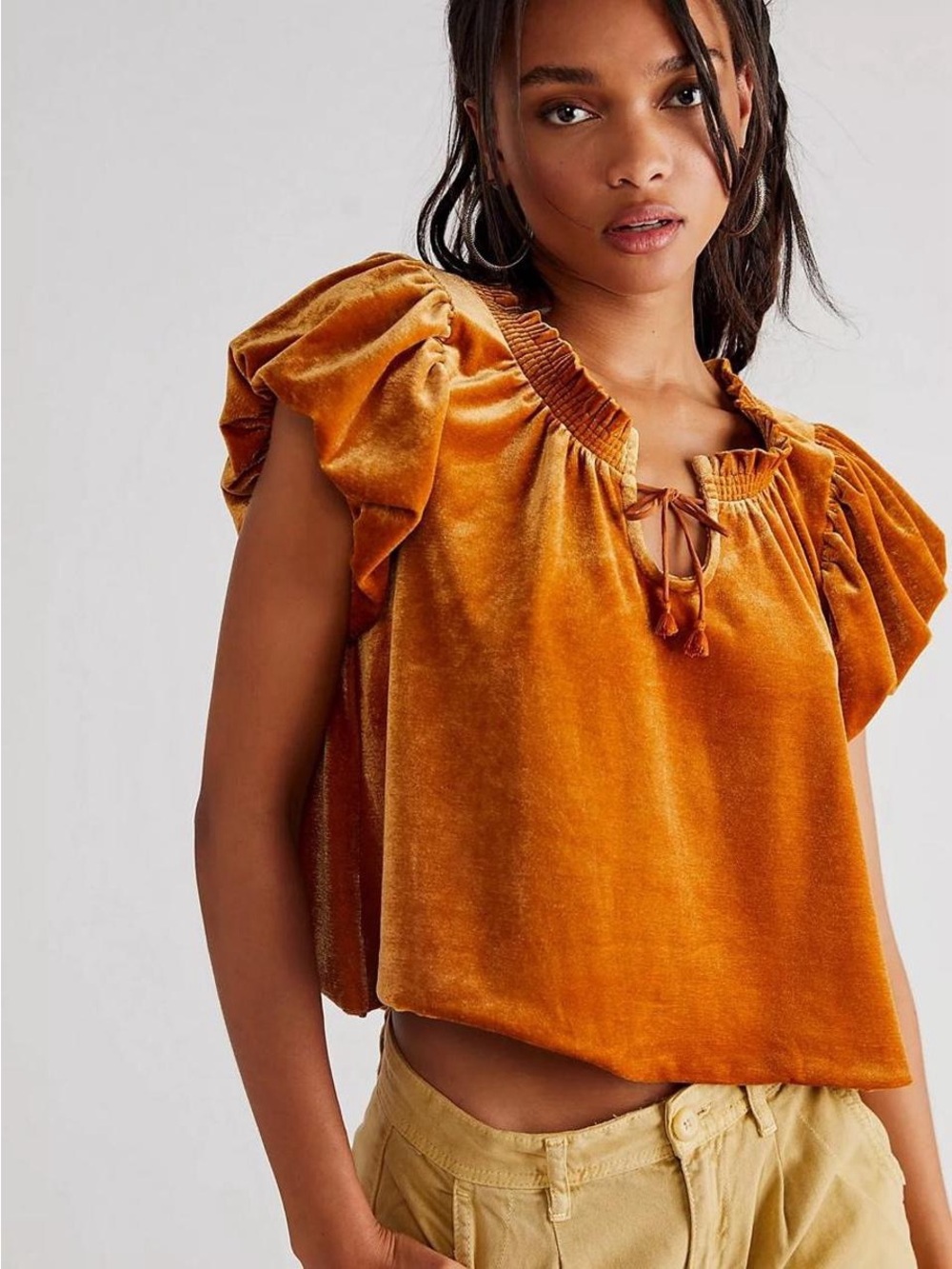 Free People Terese Velvet Top Pumpkin Pie Boho Fall Tie Neck Blouse Sz S